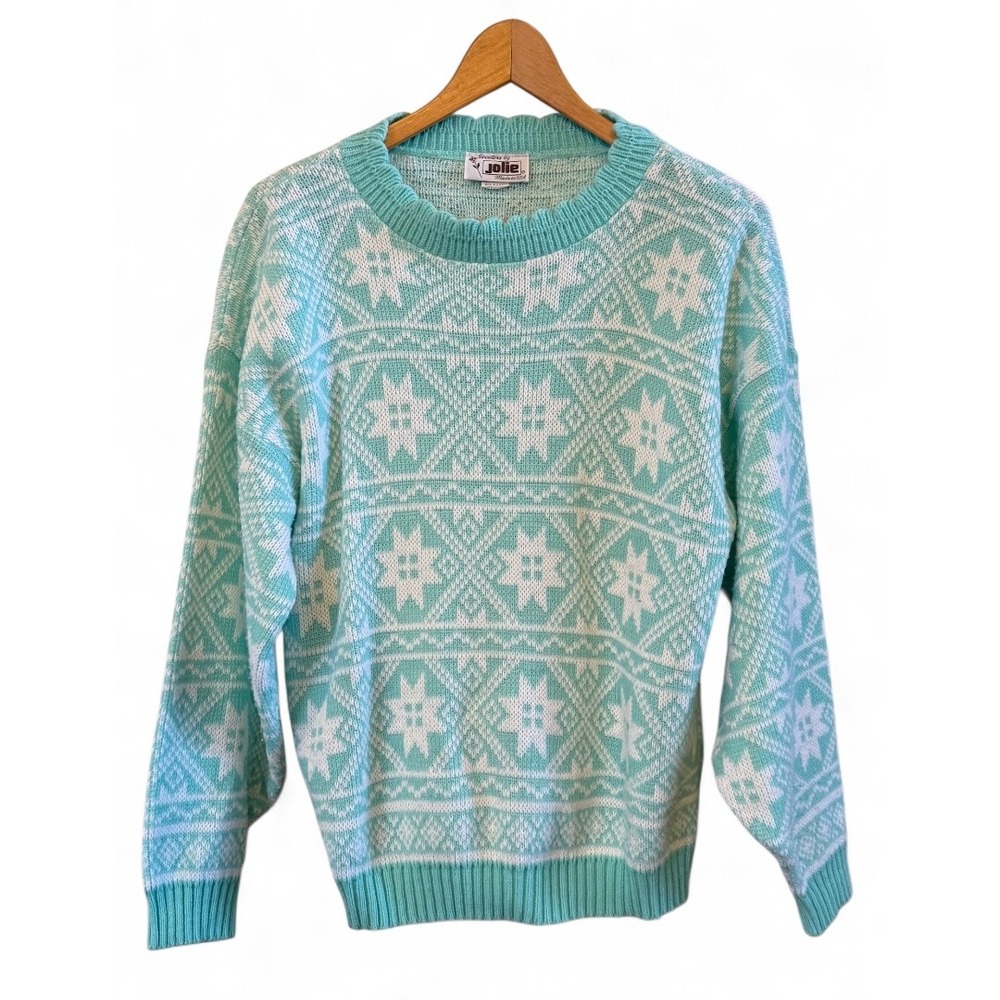 Women's Mint Green/White Vintage Jolie Winter/Snowflake Scalloped Neck Sweater M
